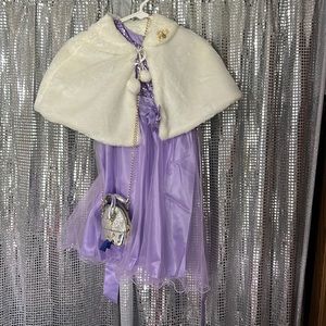 Size 7 purple dress. Silver chain purse. White tie up bolo with gold bee pin.
